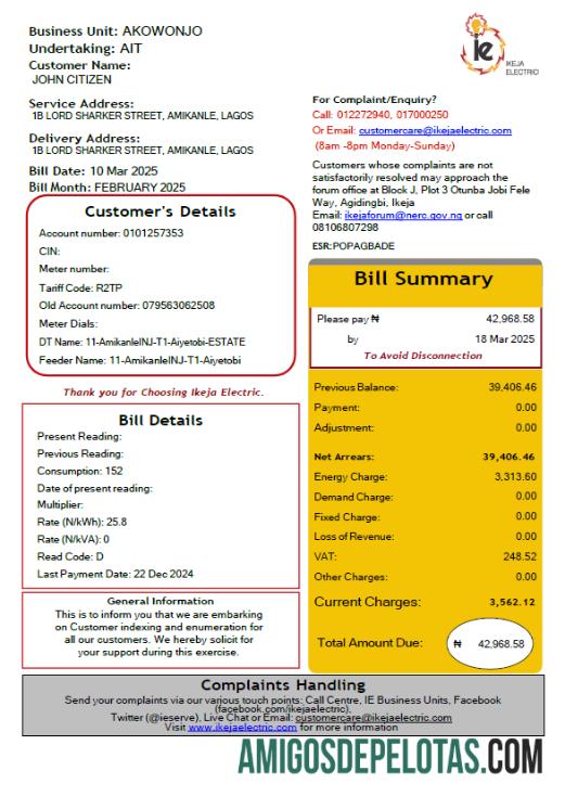 Em branco modelo de conta de serviço público elétrico IKEJA da Nigéria em formatos Word e PDF